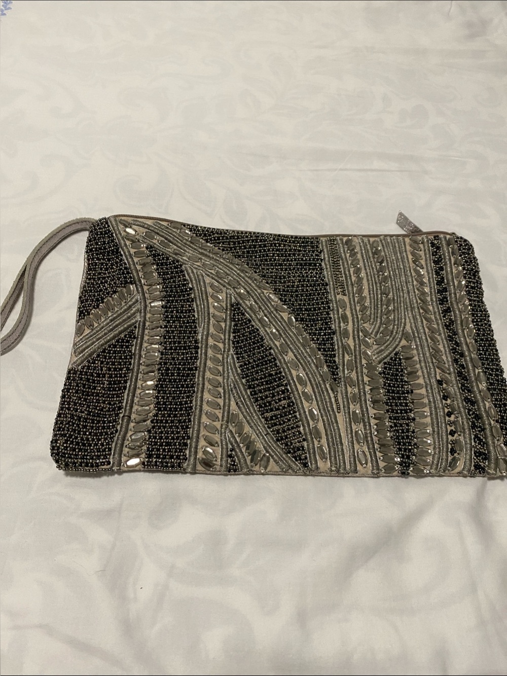 Embellished Black Evening Wristlet Clutch with Silver Accents